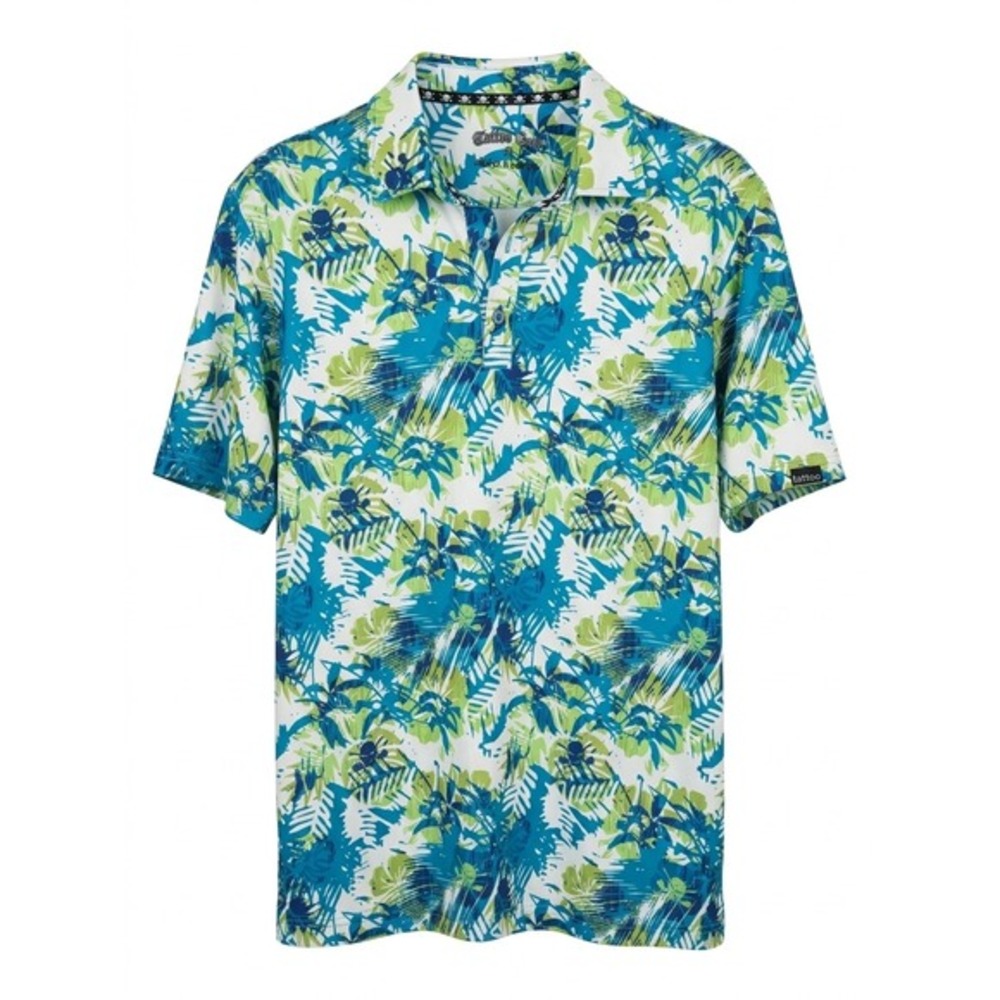 Tattoo Golf Aloha II Series Mens Blue Green‎ Tropical Skull Polo Shirt Size M